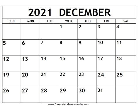 Printable Monthly Calendar December 2021